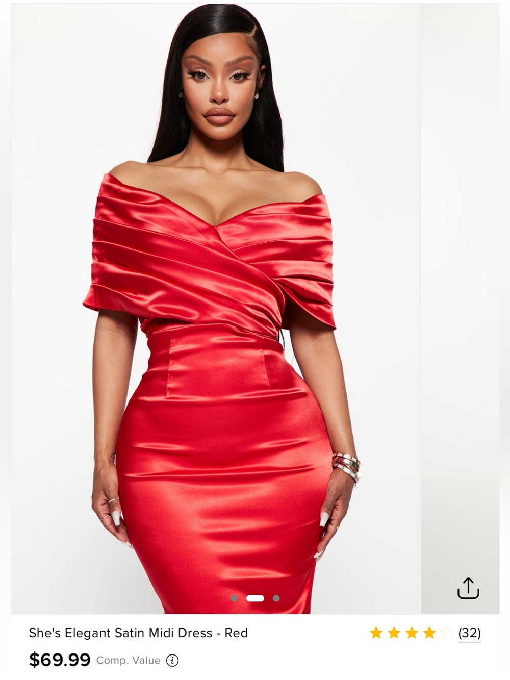 Elegant Off-Shoulder Satin Midi Dress - Red